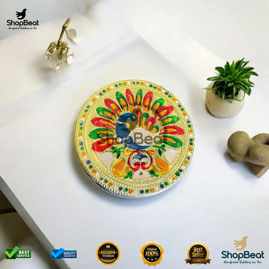 Golden Meenakari Peacock Steel Box – 8 No. Wedding Gift Container