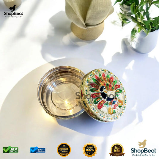 Golden Meenakari Peacock Steel Box – 8 No. Wedding Gift Container