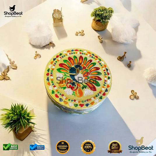 Golden Meenakari Peacock Steel Box – 9 No. Traditional Gift Box