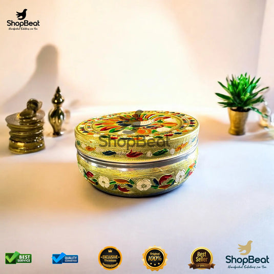 Golden Meenakari Peacock Steel Box – 9 No. Traditional Gift Box