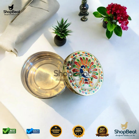 Golden Meenakari Peacock Steel Box – 9 No. Traditional Gift Box