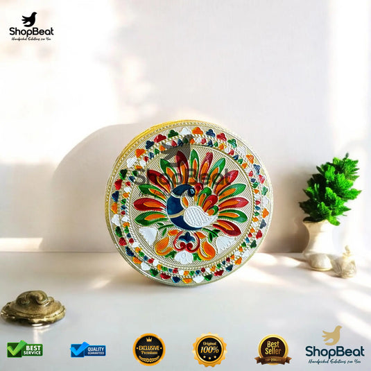 Golden Meenakari Peacock Steel Box – 9 No. Traditional Gift Box
