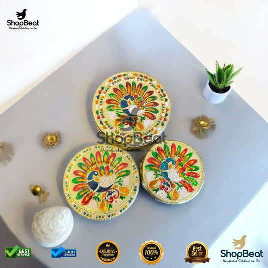 Golden Meenakari Peacock Steel Box – 9 No. Traditional Gift Box