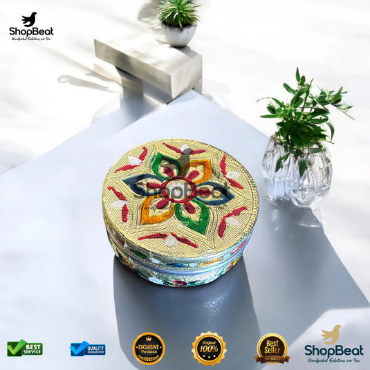 Golden Meenakari Flower Steel Box – 7 No. Multipurpose Gift Box