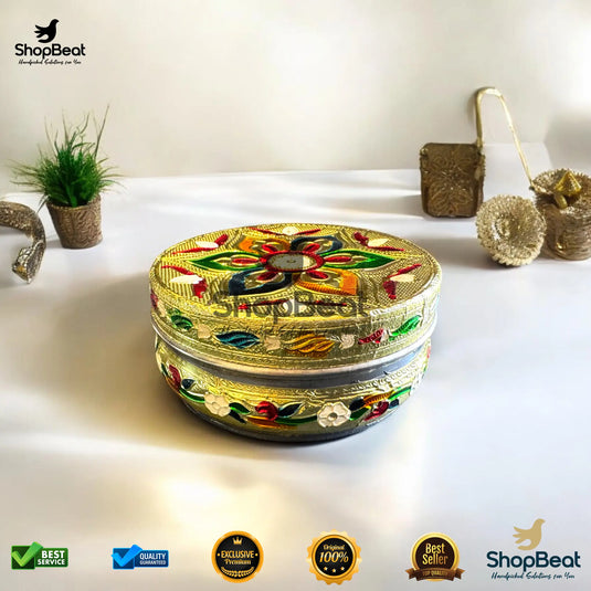Golden Meenakari Flower Steel Box – 7 No. Multipurpose Gift Box