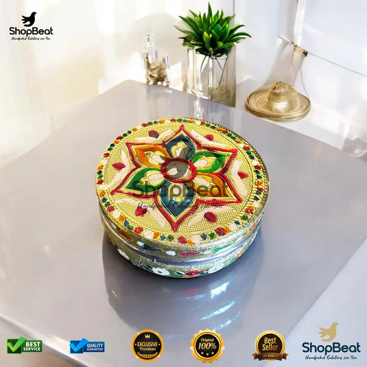 Golden Meenakari Flower Steel Box – 8 No. Wedding Return Gift Box