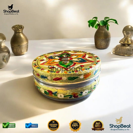 Golden Meenakari Flower Steel Box – 8 No. Wedding Return Gift Box