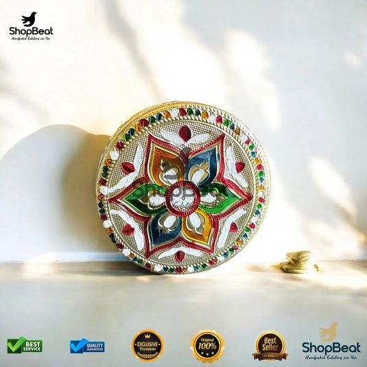 Golden Meenakari Flower Steel Box – 8 No. Wedding Return Gift Box