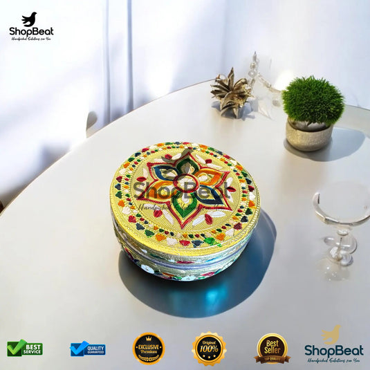 Golden Meenakari Flower Steel Box – 9 No. Festive Gifting Container