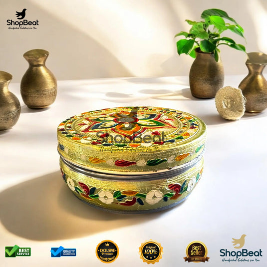 Golden Meenakari Flower Steel Box – 9 No. Festive Gifting Container