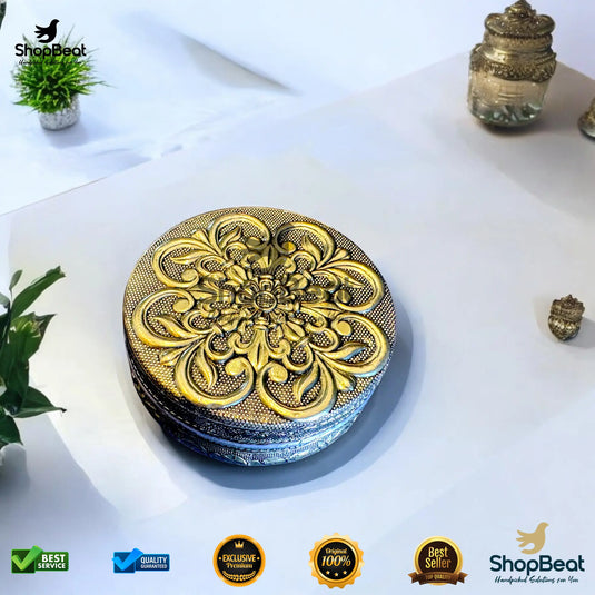 Golden Embossed Flower Steel Box – 7 No. Multipurpose Gift Box