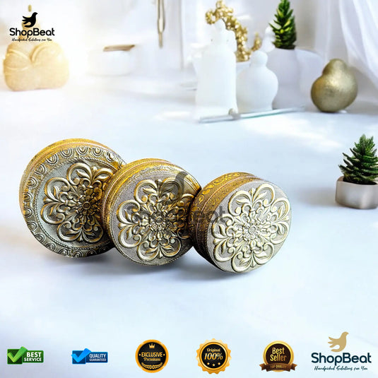 Golden Embossed Flower Steel Box – 7 No. Multipurpose Gift Box