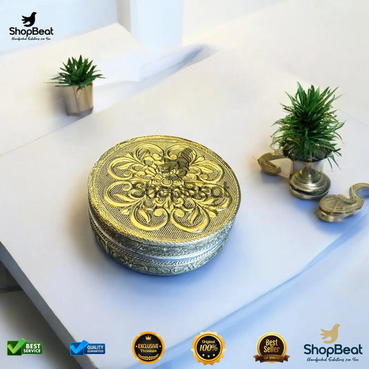 Golden Embossed Flower Steel Box – 8 No. Traditional Gift Container