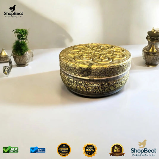 Golden Embossed Flower Steel Box – 8 No. Traditional Gift Container