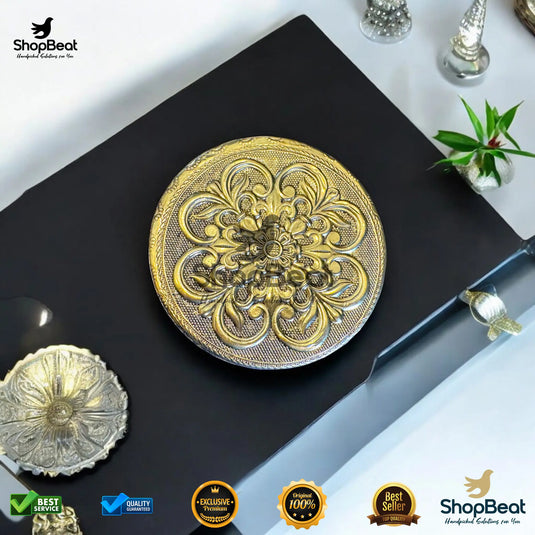 Golden Embossed Flower Steel Box – 8 No. Traditional Gift Container