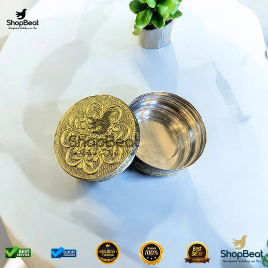 Golden Embossed Flower Steel Box – 8 No. Traditional Gift Container