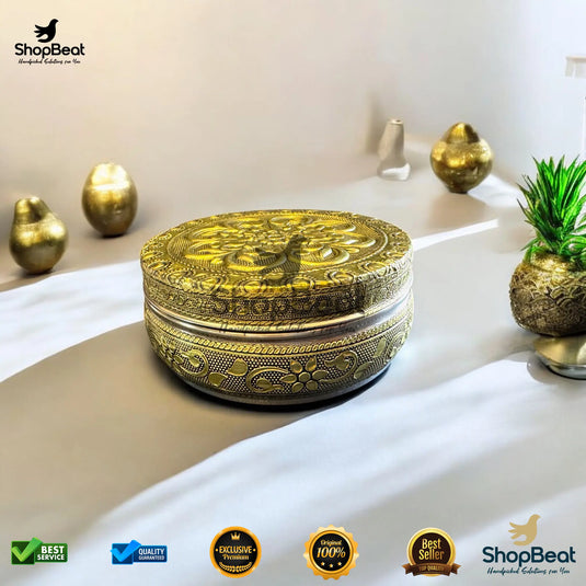 Golden Embossed Flower Steel Box – 9 No. Wedding Gift Container