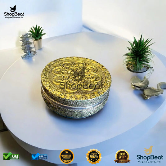 Golden Embossed Flower Steel Box – 9 No. Wedding Gift Container