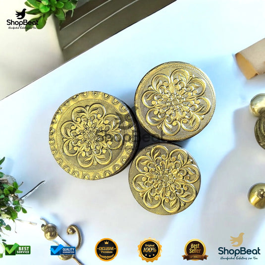 Golden Embossed Flower Steel Box – 9 No. Wedding Gift Container