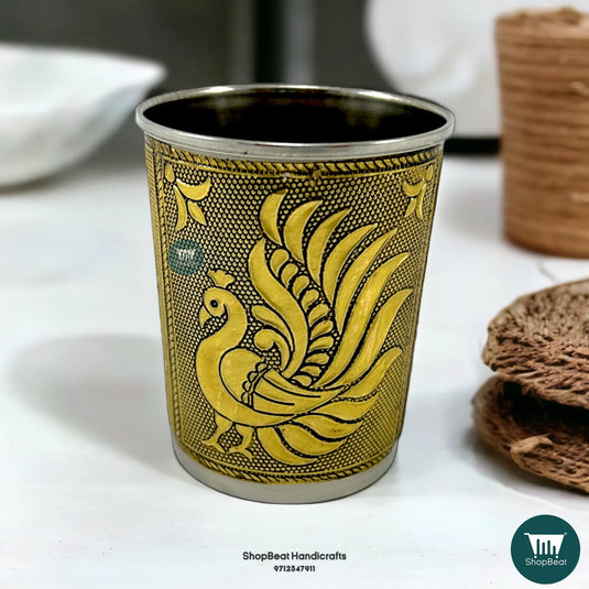 Golden Oxidised Peacock Design Stainless Steel Water Glass – Festive Drinkware