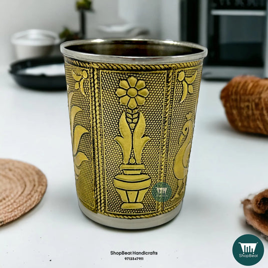 Golden Oxidised Peacock Design Stainless Steel Water Glass – Festive Drinkware