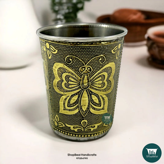 Golden Oxidised Butterfly Design Stainless Steel Water Glass – Gifting Glassware