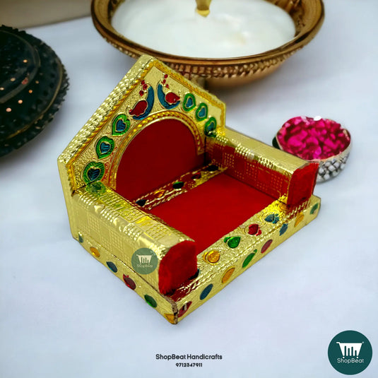 Golden Meenakari Peacock Laddu Gopal Singhasan – Wooden Idol Throne (3.5x2.5)
