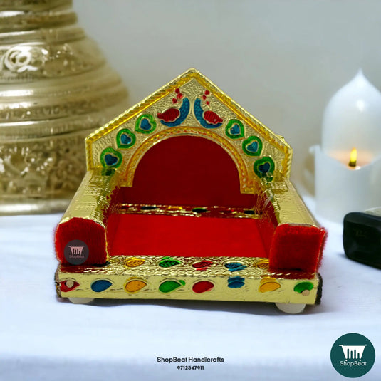 Golden Meenakari Peacock Laddu Gopal Singhasan – Wooden Idol Throne (3.5x2.5)