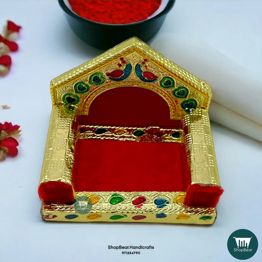 Golden Meenakari Peacock Laddu Gopal Singhasan – Wooden Idol Throne (3.5x2.5)