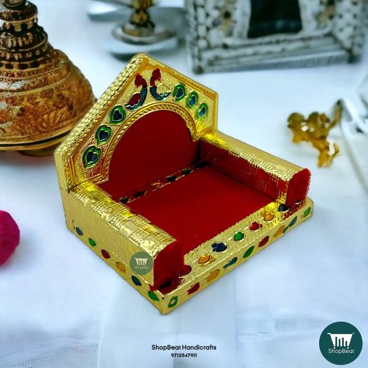 Golden Meenakari Peacock Laddu Gopal Singhasan – Wooden Throne (4x3)
