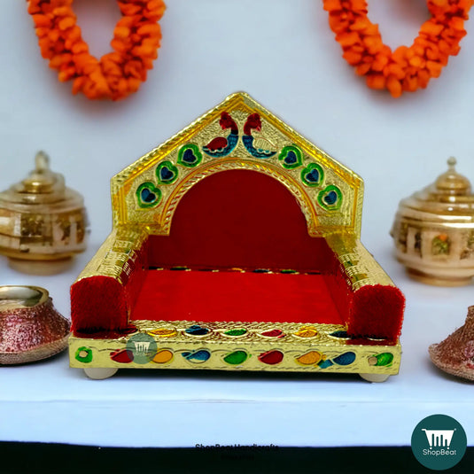 Golden Meenakari Peacock Laddu Gopal Singhasan – Wooden Throne (4x3)