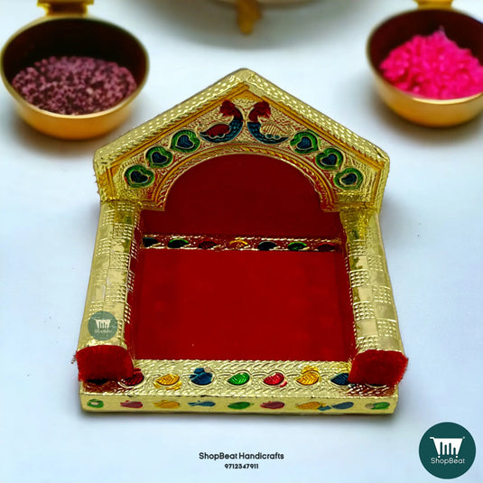Golden Meenakari Peacock Laddu Gopal Singhasan – Wooden Throne (4x3)