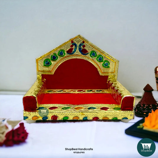 Golden Meenakari Peacock Laddu Gopal Singhasan – Wooden Throne (5x3.25)