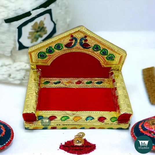 Golden Meenakari Peacock Laddu Gopal Singhasan – Wooden Throne (5x3.25)