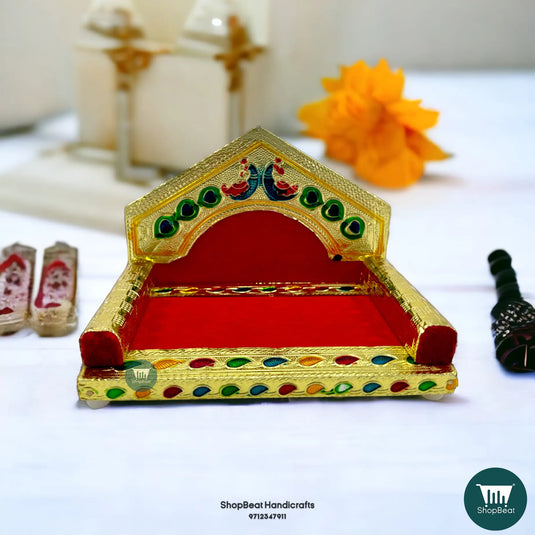 Golden Meenakari Peacock Laddu Gopal Singhasan – Wooden Throne (6x4)