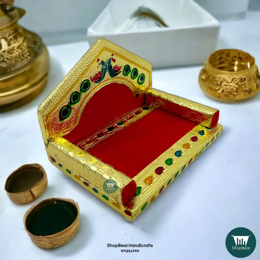 Golden Meenakari Peacock Laddu Gopal Singhasan – Wooden Throne (6x4)