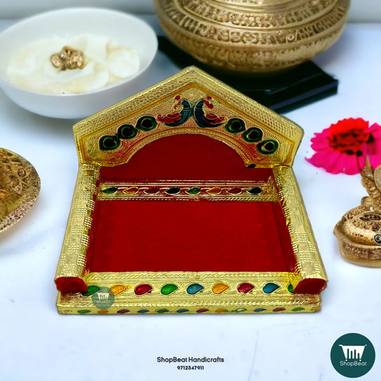 Golden Meenakari Peacock Laddu Gopal Singhasan – Wooden Throne (6x4)