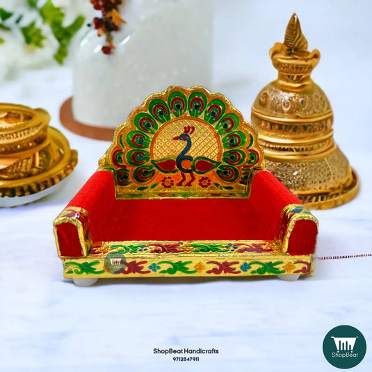 Golden Meenakari Peacock-2 Laddu Gopal Singhasan – Wooden Throne (6.75x5)