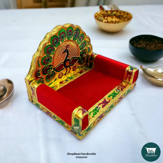 Golden Meenakari Peacock-2 Laddu Gopal Singhasan – Wooden Throne (6.75x5)