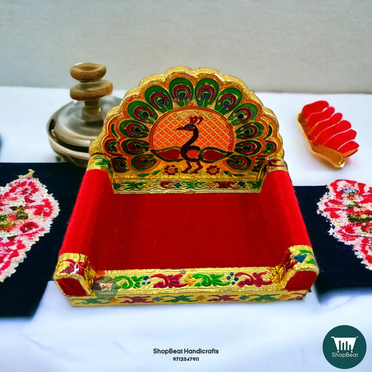 Golden Meenakari Peacock-2 Laddu Gopal Singhasan – Wooden Throne (6.75x5)