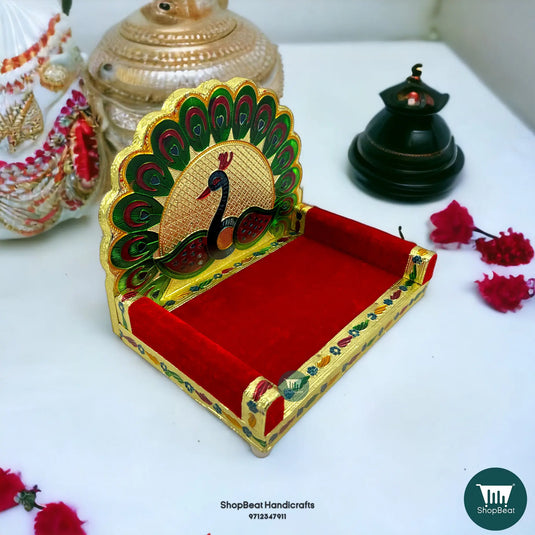 Golden Meenakari Peacock-2 Laddu Gopal Singhasan – Wooden Throne (10x7)