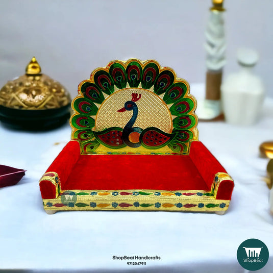 Golden Meenakari Peacock-2 Laddu Gopal Singhasan – Wooden Throne (10x7)