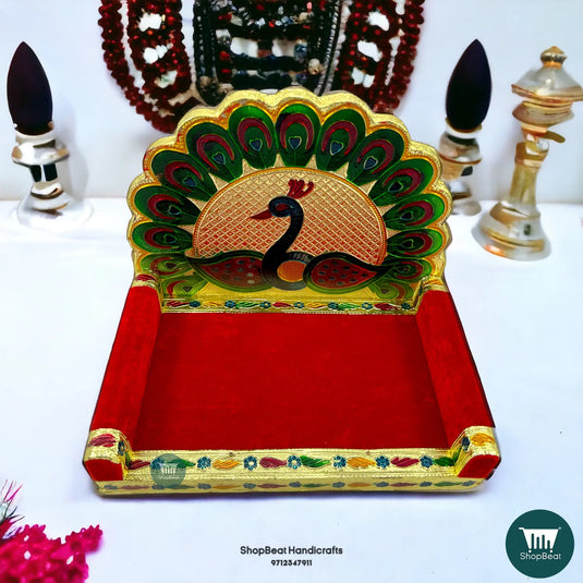 Golden Meenakari Peacock-2 Laddu Gopal Singhasan – Wooden Throne (10x7)