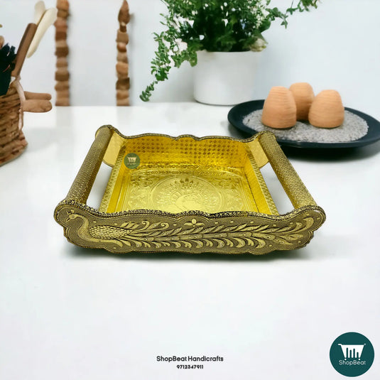 Golden Oxidised Peacock Wooden Serving Tray – Decorative Gift Tray