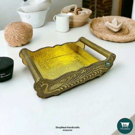 Golden Oxidised Peacock Wooden Serving Tray – Decorative Gift Tray