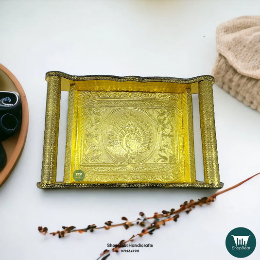 Golden Oxidised Peacock Wooden Serving Tray – Decorative Gift Tray