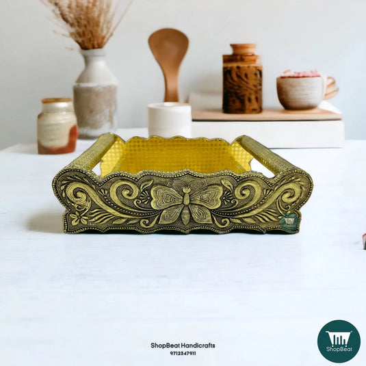 Golden Oxidised Butterfly Wooden Serving Tray – Traditional Gift Tray