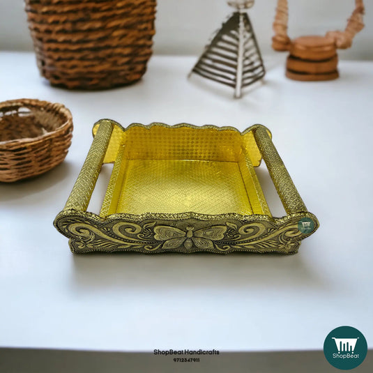 Golden Oxidised Butterfly Wooden Serving Tray – Traditional Gift Tray