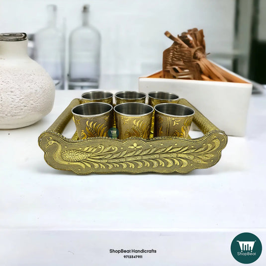 Golden Oxidised Peacock Wooden Serving Tray with 6 Steel Water Glasses – Gift Set