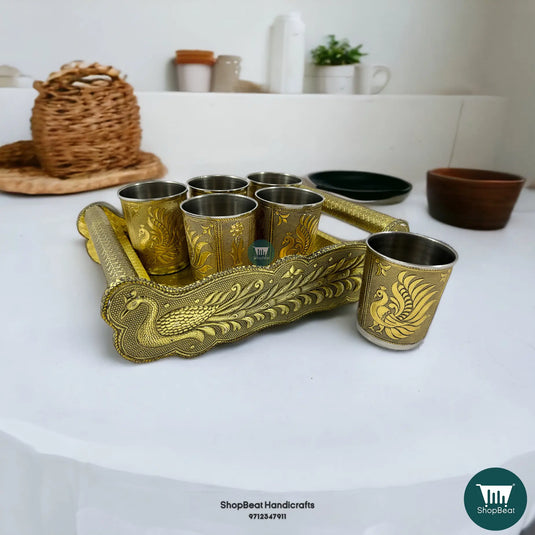 Golden Oxidised Peacock Wooden Serving Tray with 6 Steel Water Glasses – Gift Set
